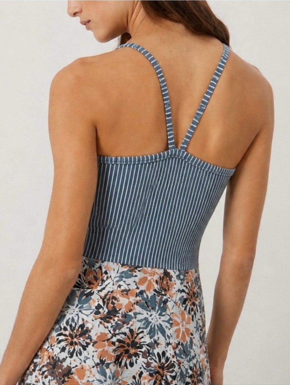 Pact Fit & Flare Strappy Midi Dress Lake Blossoms/Stripe Cotton Cozy Autumn Sz M - Picture 12 of 13